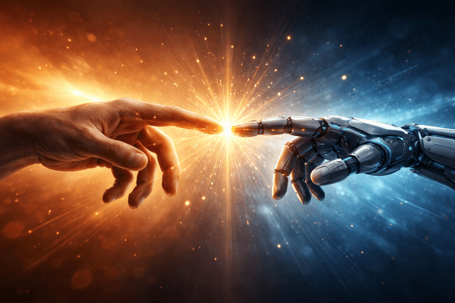 Human and robot hand fist bumping over a desk