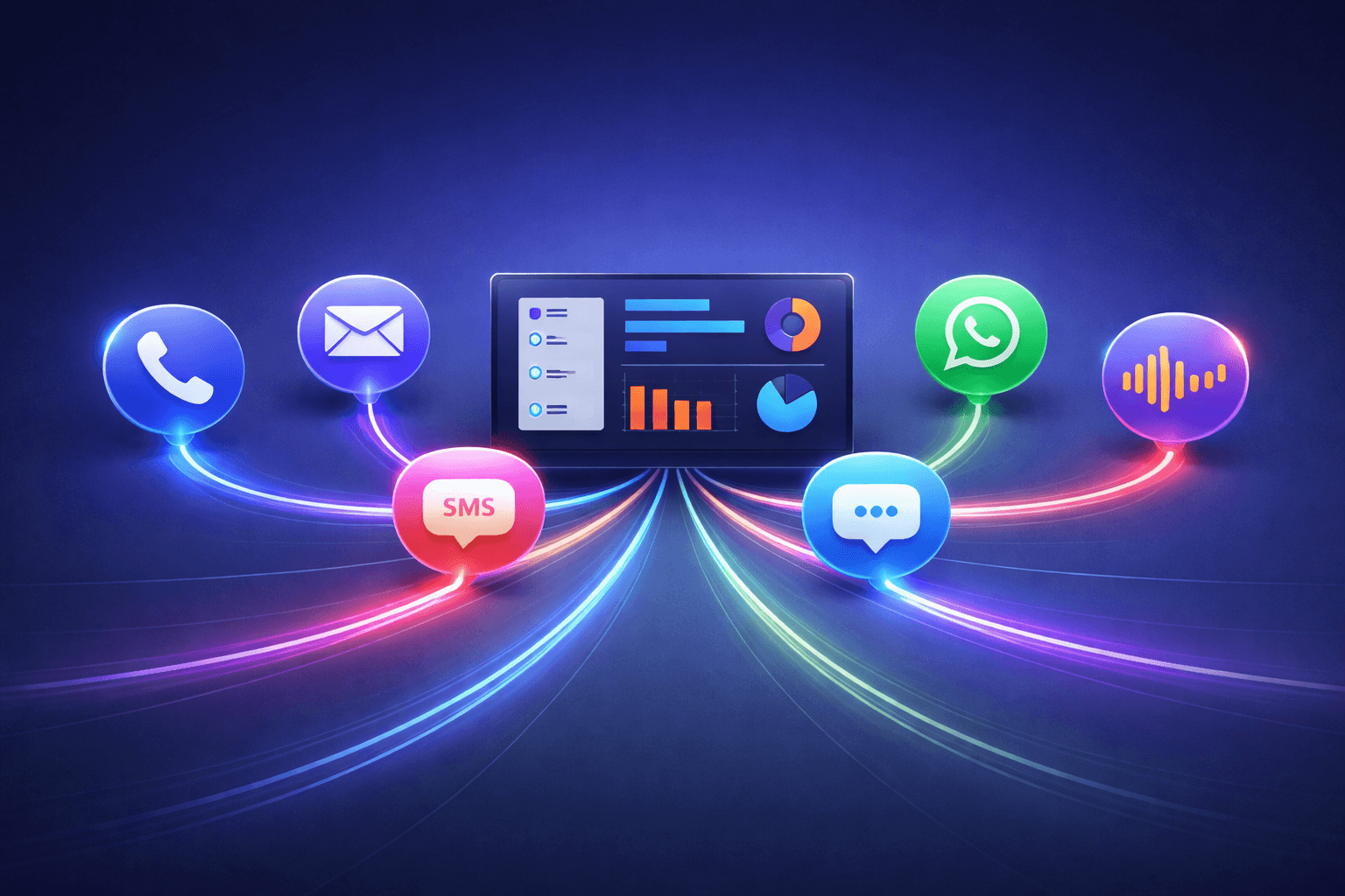 Multi-channel AI agent dashboard showing phone, email, SMS, WhatsApp, and chat in one unified view