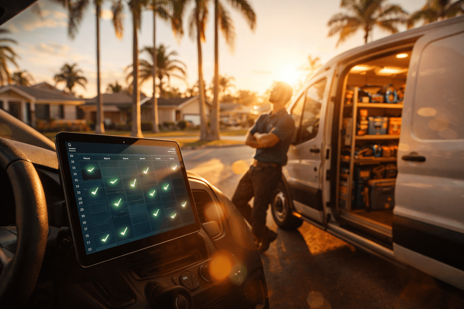 Service professional checking a digital dashboard on a tablet