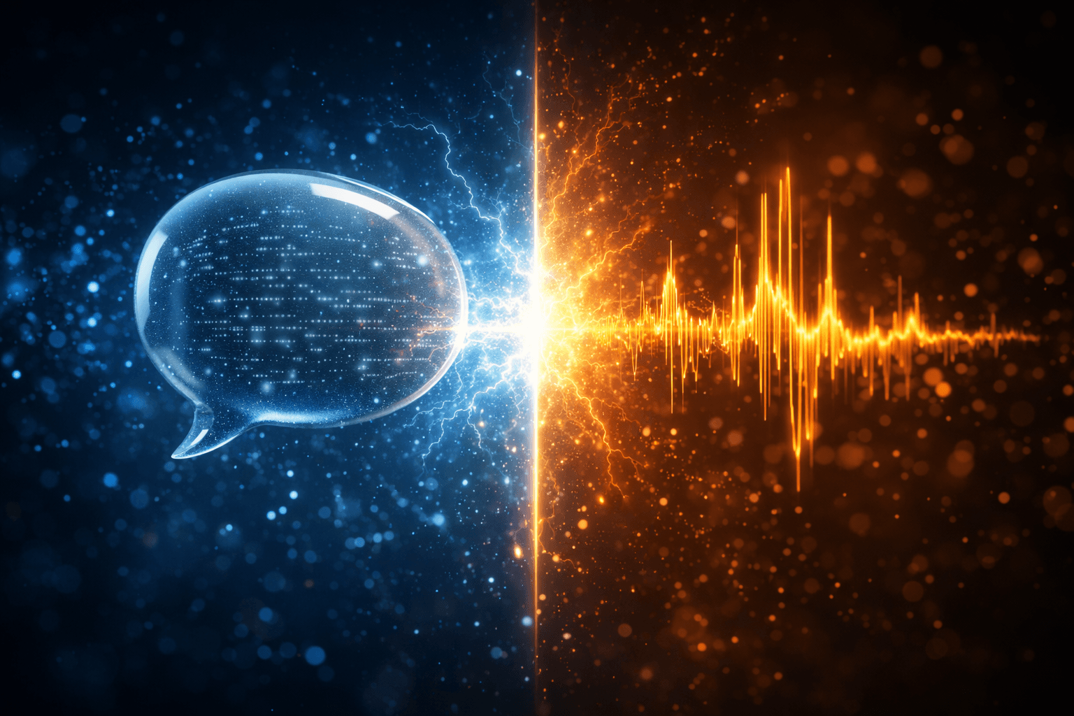 Chat bubble and sound waveform connected by a bridge