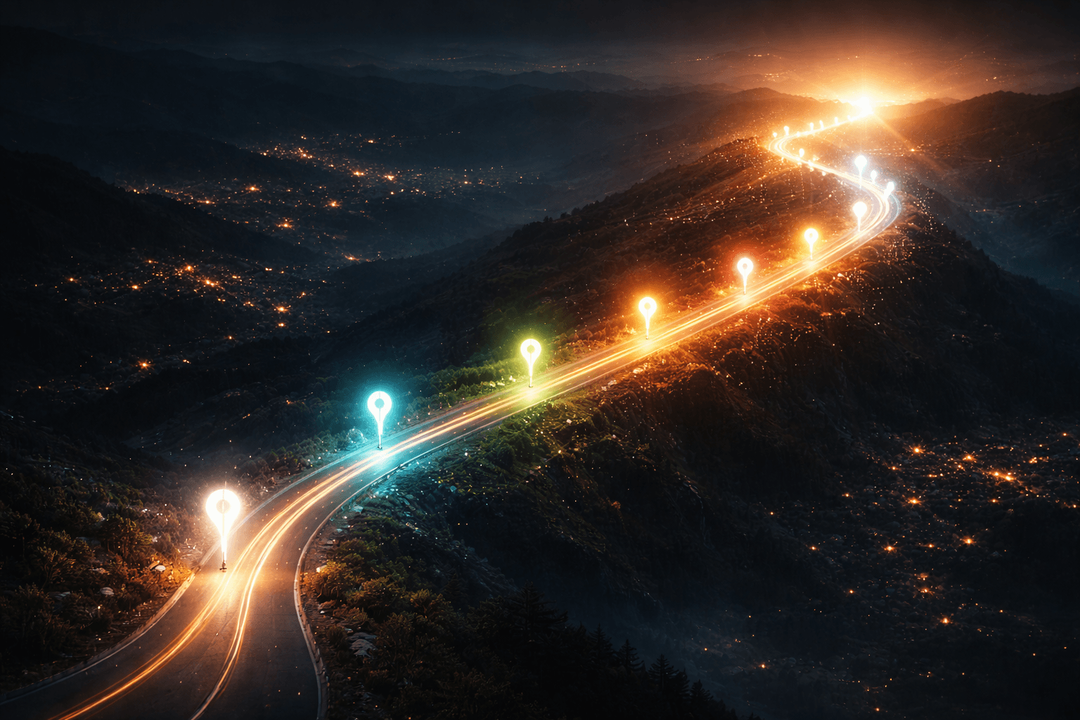 Timeline of product milestones with glowing checkpoints